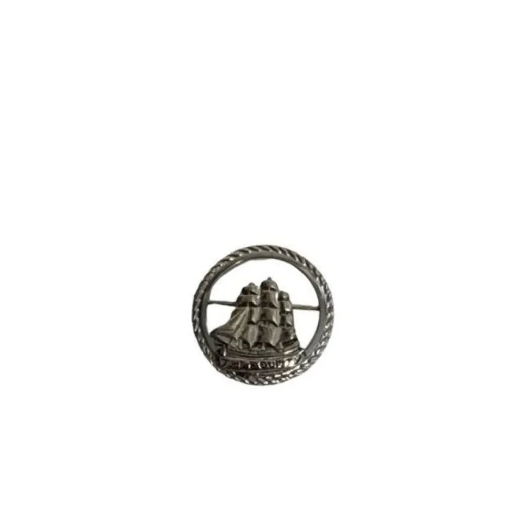 Vintage Silver Tone Round The Bounty Ship Boat signed MGM Brooch‎ Pin